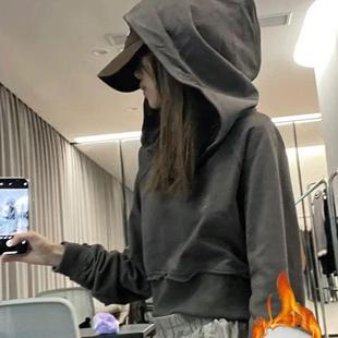 L20美式复古小个子连帽卫衣女2024加绒爆款韩系慵懒风早春短外套