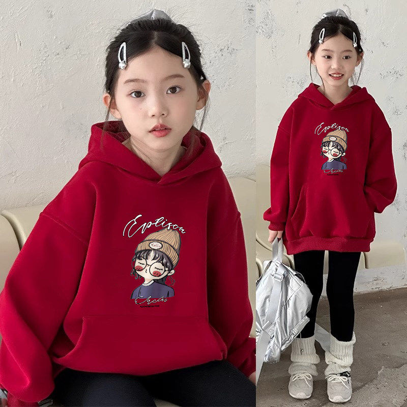 女童红色加绒卫衣2025秋冬新款儿童本命年衣服小女孩连帽拜年服潮