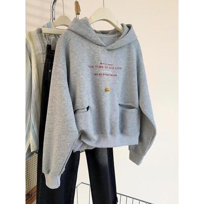 灰色连帽长袖卫衣外套女春秋2025新款爆款小个子宽松帽衫短款上衣