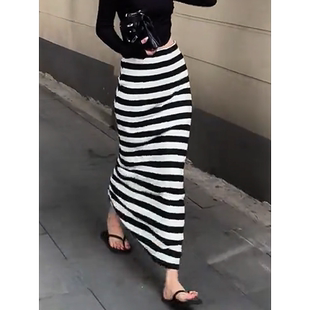 高腰撞色条纹设计开叉直筒休闲半身裙女25年春季新款修身显瘦长裙