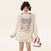 半透明露肩薄款 上衣 甜美手绘宽松防晒罩衫 长袖 T恤女春季