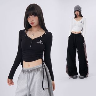 早秋辣妹修身正肩显瘦长袖t恤女短款街舞侧缝系绳V领爵士上衣