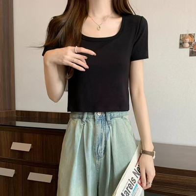 女装遮肚子正肩U领短袖T恤女打底衫胖妹妹短款设计感甜辣上衣