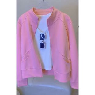 秋冬2025卫衣运动休闲修身拉链立领短外套上衣外套女粉色