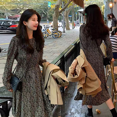 设计感收腰显瘦长裙美式名媛优雅连衣裙子女春秋高级感高端碎花裙