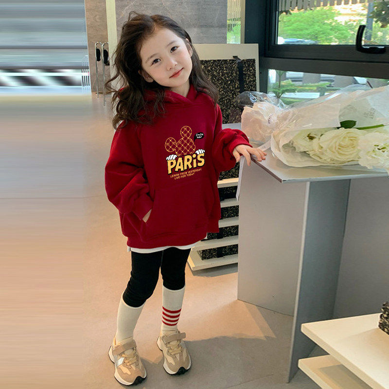 女童红色加绒卫衣秋冬装拜年服2025新款中大童本命年米奇连帽上衣