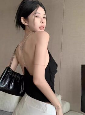ZY712ZY69黑色链条装饰荡领背心女新款夏季辣妹设计纯欲无袖上衣