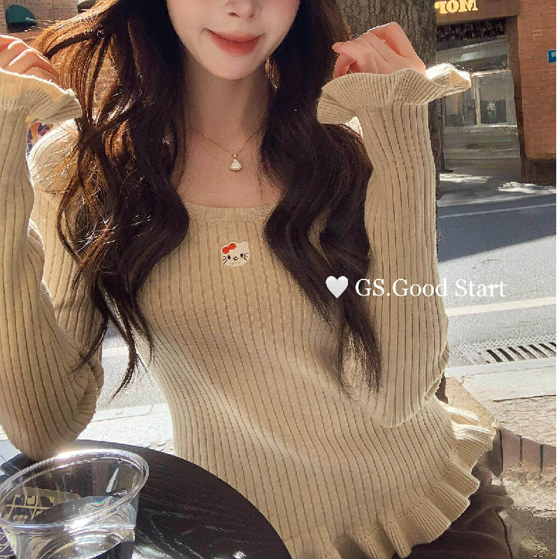 【包芯纱】甜美木耳边长袖针织衫2026春秋季修身显瘦内搭打底上衣