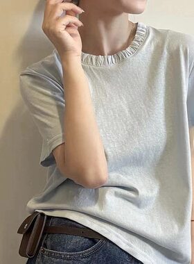 ZY6232026新款时尚白色正肩花边圆领雪花棉t恤女短袖宽松上衣