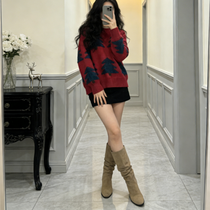 新款圣诞树百搭慵懒宽松套头外穿针织上衣女宽松套头毛衣