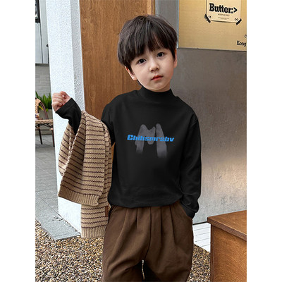 小众设计男童半高领长袖T恤外穿早秋新款儿童修身黑色德绒打底衫