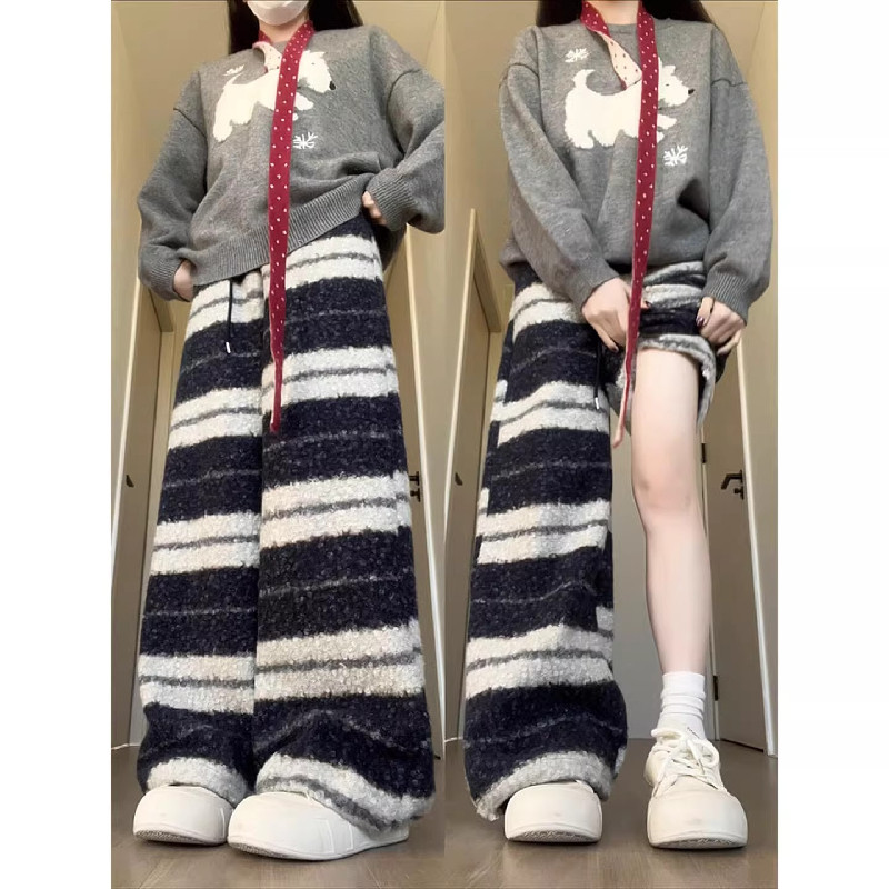 藏青色加厚摇粒绒条纹裤女秋冬保暖运动裤慵懒垂感宽松加绒阔腿裤