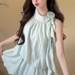 ZY712mm614有内里法式绿色挂脖无袖吊带连衣裙子女夏季小个子短裙