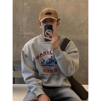 重磅纯棉美式潮牌灰色无帽圆领卫衣男秋冬款加绒加厚宽松长袖上衣