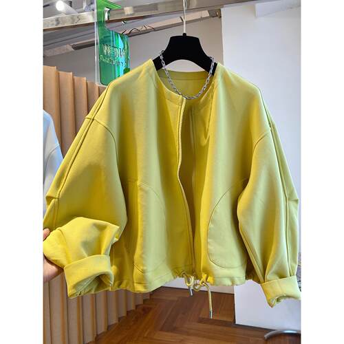 高级感黄色无领外套女春秋2025新款宽松休闲薄款拉链卫衣开衫上衣