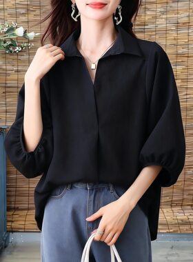 ZY627气质翻领套头七分袖设计宽松遮肉女装衬衣夏季新品黑色大码T