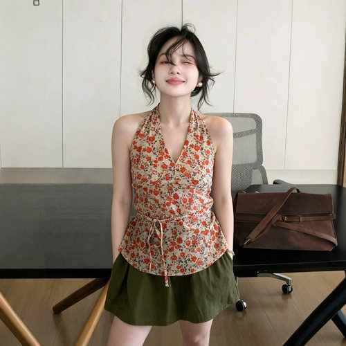 ZY79ZM度假风系带碎花挂脖背心女夏季收腰洋气甜美辣妹显瘦外搭上