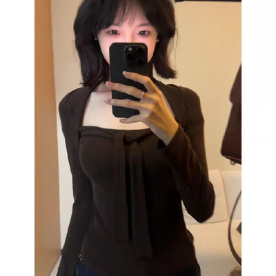 2026新款女装性感修身美拉德咖色假两件方领长袖t恤内搭打底上衣