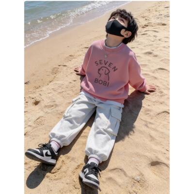 粉色圆领儿童卫衣加绒加厚2025新款秋冬帅气宽松无帽好看男童上衣