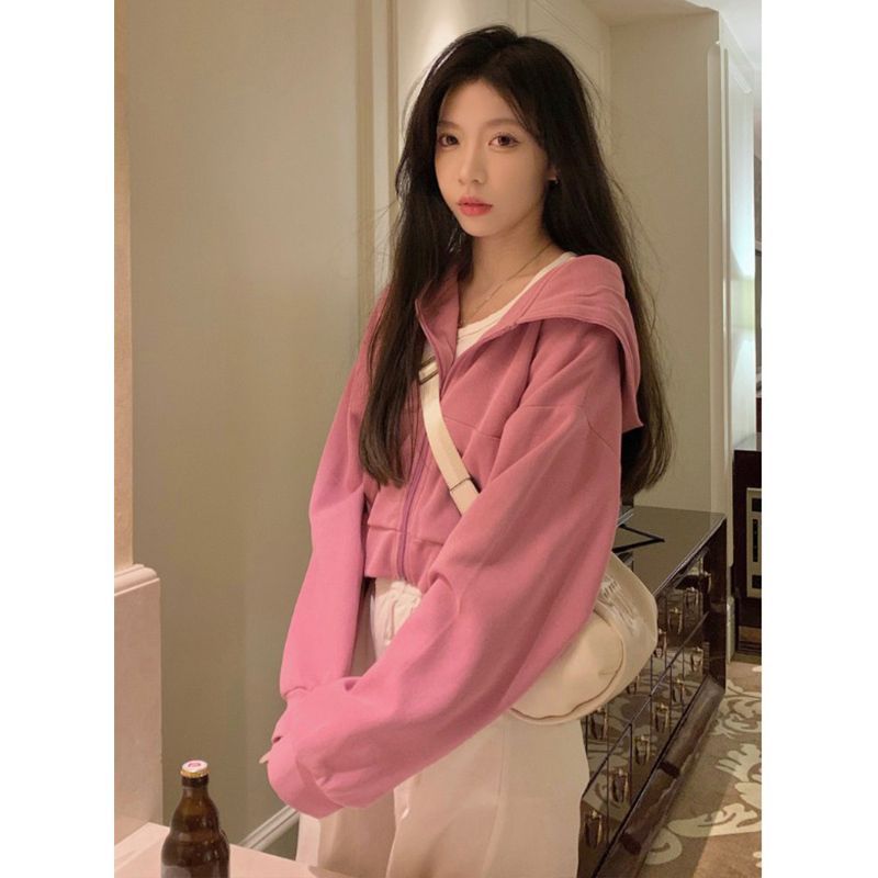 y9.8玫红色连帽短款卫衣女春秋季小个子宽松休闲运动开衫外套2023