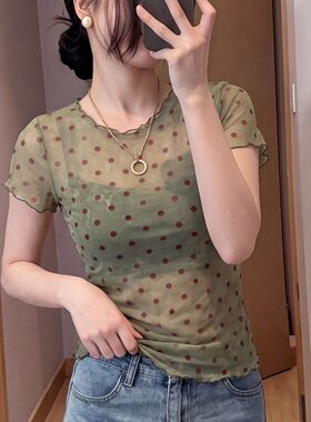ZY75原版布料 绿色波点圆领短袖t恤女甜辣减龄洋气夏季小衫
