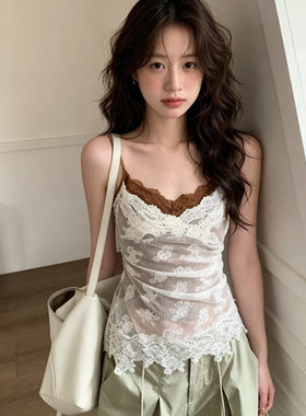 ZY610ZM做法#纯欲风撞色吊带背心女夏蕾丝拼接性感假两件上衣