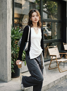 早秋休闲V领撞色显瘦短外套女