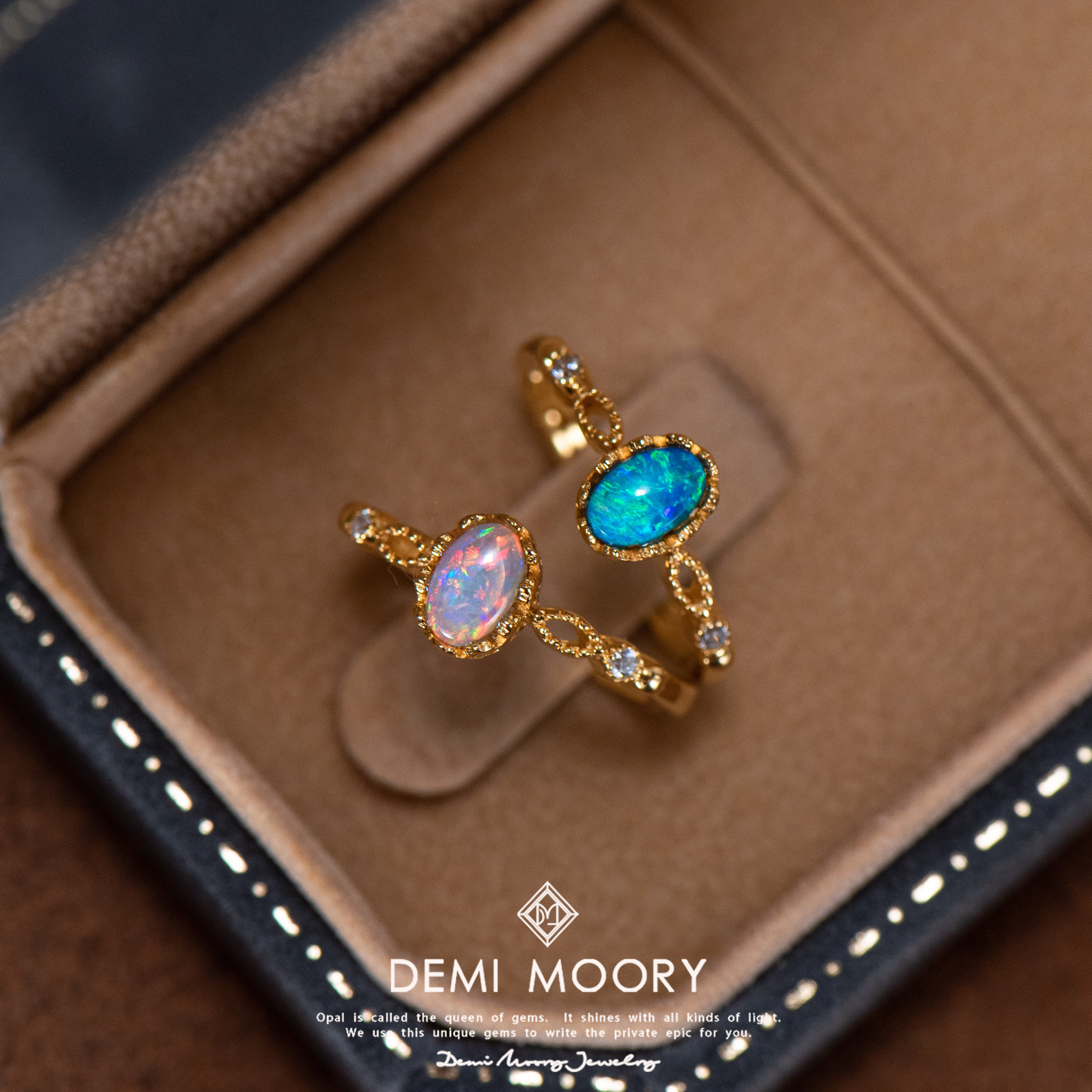 demi moory复古皇冠澳洲欧泊银镀18k金戒指小众设计感法式开口女