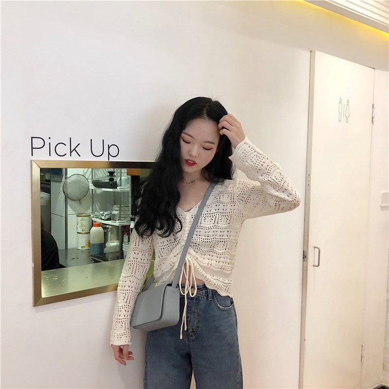 2019初秋港风chic新品气质小清新韩版V领镂空抽绳毛衣短款上衣女S|ruв категории Женская одежда, свитер - от Buy2taobao.com для оказания профессиональной услуги покупки агента Taobao