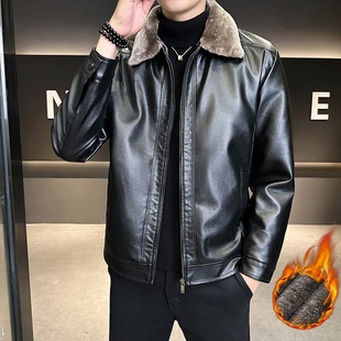 2025新款皮毛一体加厚绒皮衣 潮流时尚轻商务休闲方领皮夹克 青中