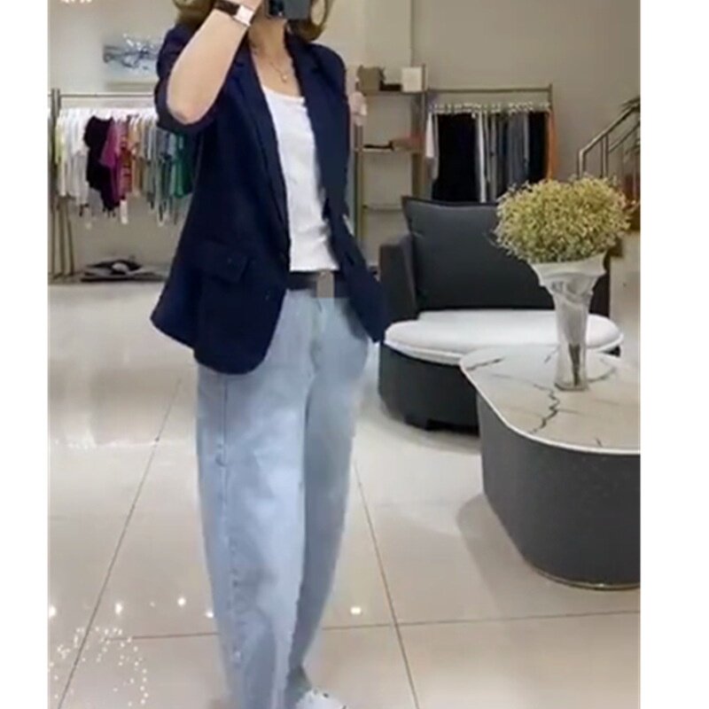 发9366大爱美依缘2025春季新款韩版时尚蓝色翻领西服外套修身显瘦