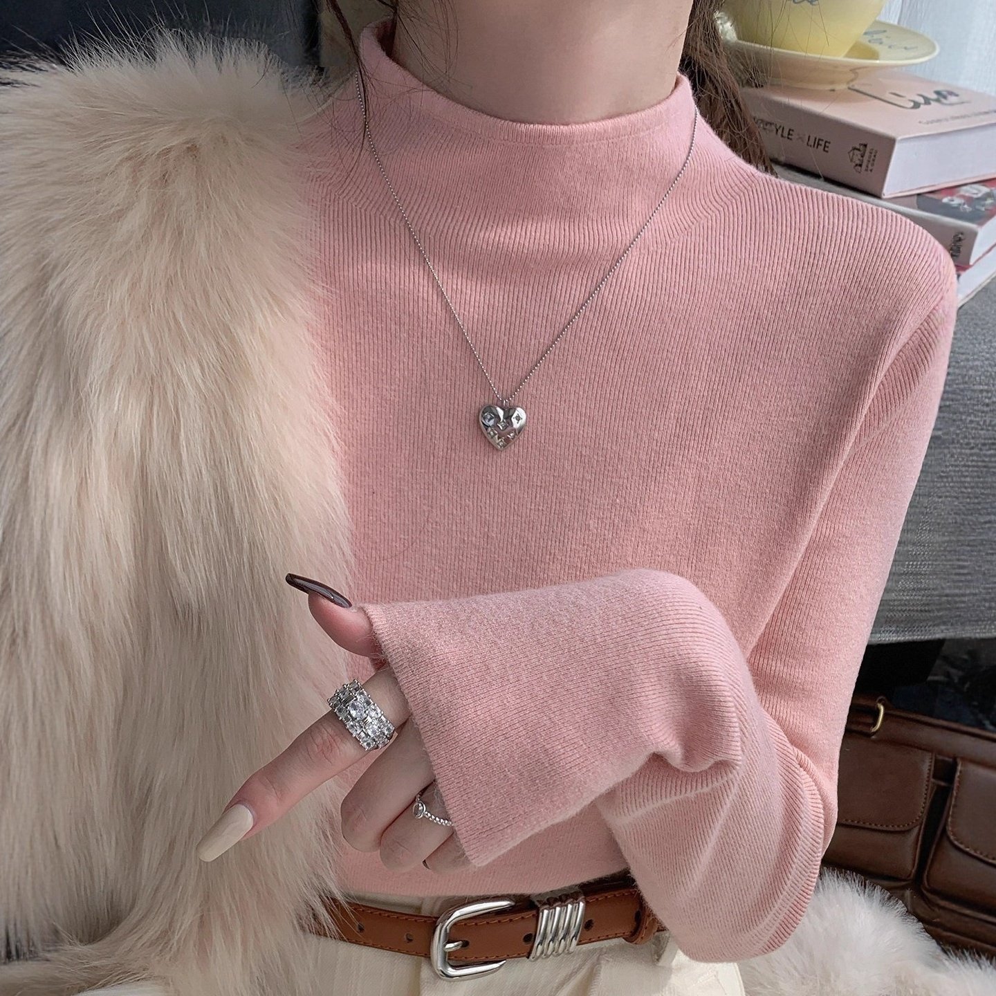 粉色打底衫2025新款女高级感半高领毛衣内搭修身针织上衣,女装/女士精品,毛针织衫,淘宝优惠券,粉丝福利购,淘宝优惠卷
