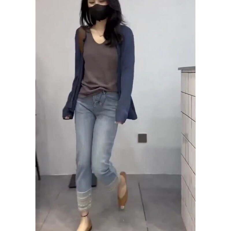 23579大爱美依缘2026春季新款净版长袖开衫洋气水洗拼接直筒裤女