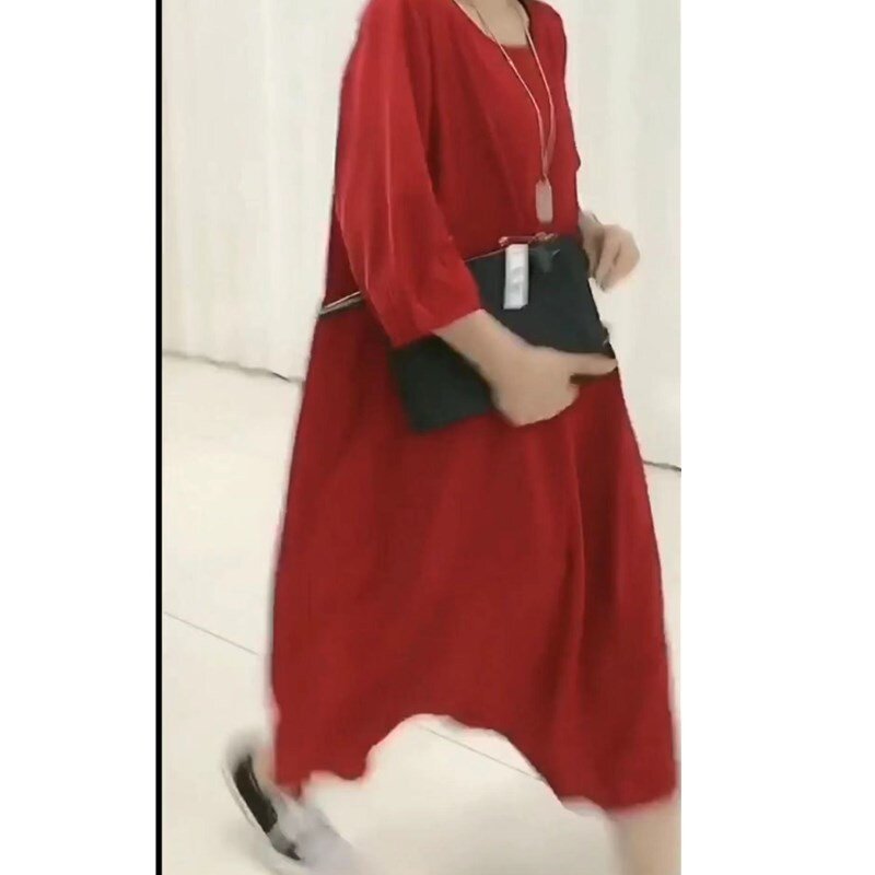 00281大爱美依缘2025夏季新款红色连衣裙韩版宽松长款遮肉减龄女