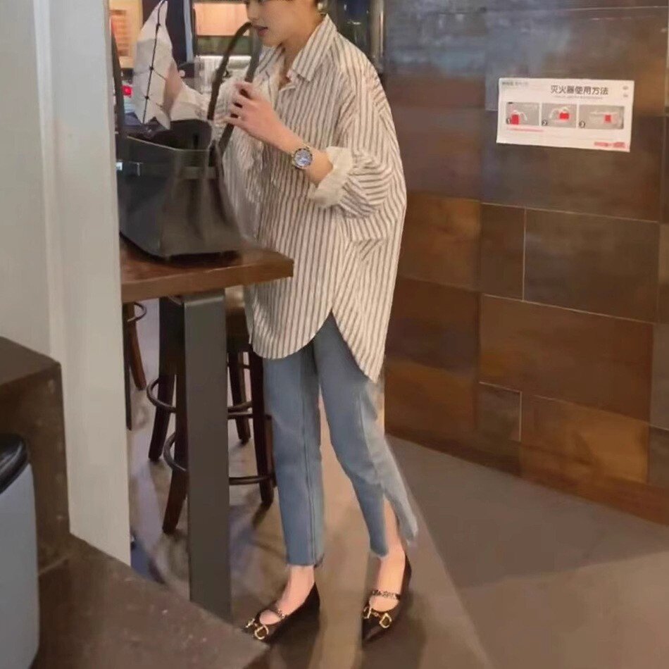 25065大爱美依缘2025新款时尚宽松中长款条纹衬衫九分牛仔裤洋气