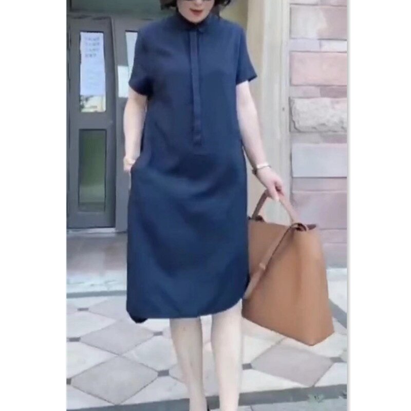 22682大爱美依缘2025新款韩版连衣裙翻领短袖中长款净版显瘦女裙