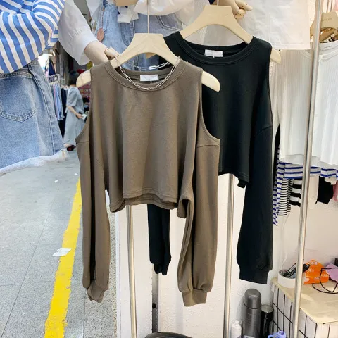 ins纯色卫衣露肩短款设计感韩版女t恤潮cec2025长袖休闲百搭上衣