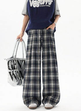 D206-1 8XL-M蓝格子休闲裤百搭冰丝抽绳阔腿裤宽松直筒长裤K9143