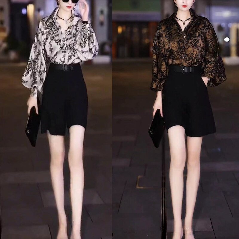 23553大爱美依缘2026夏季新款洋气灯笼袖印花衬衫高腰短裤显瘦女