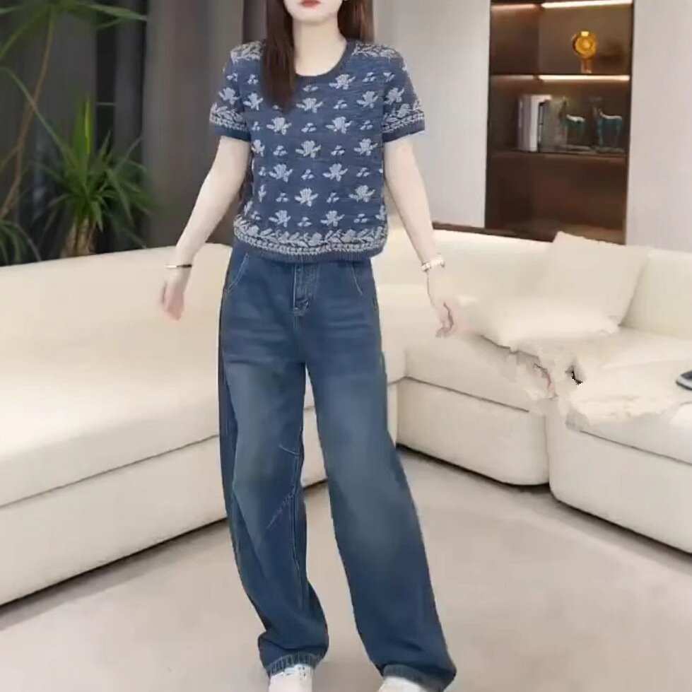 25125大爱美依缘2025春季新款设计复古短袖上衣宽松休闲牛仔裤女