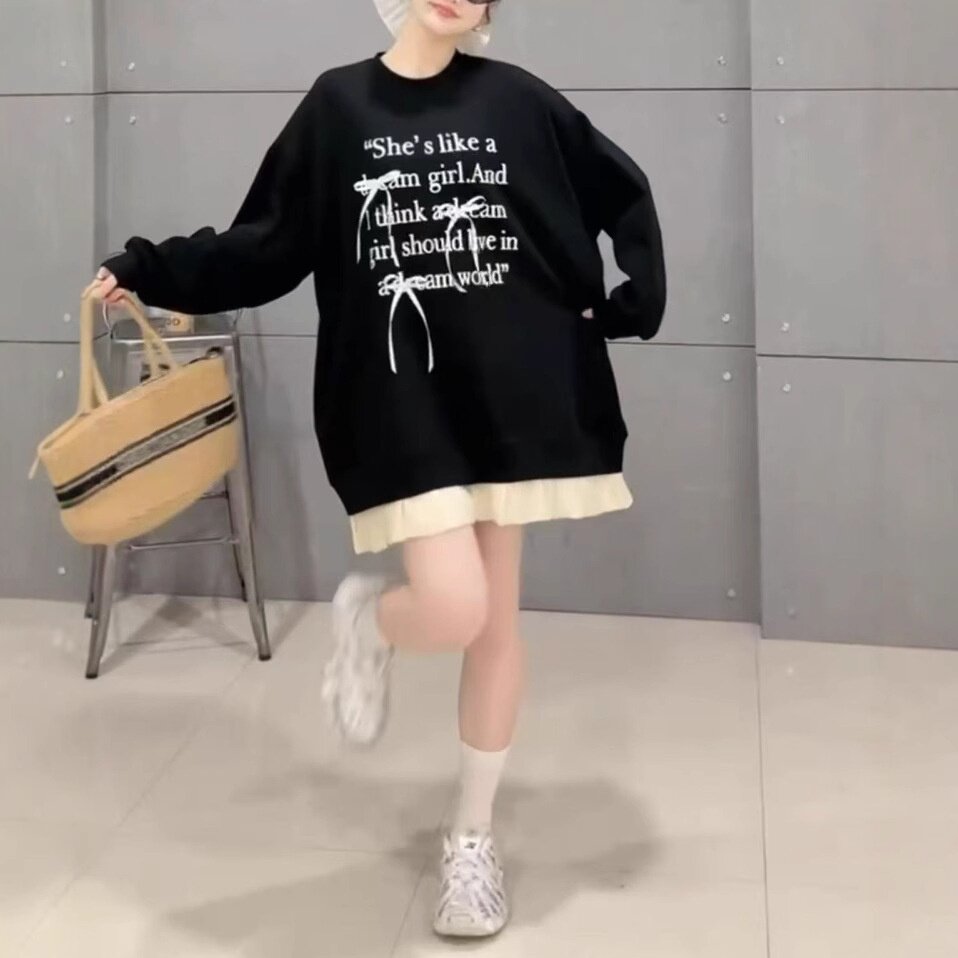 502551大爱美依缘2025春季新款韩版休闲字母印花圆领拼接卫衣宽松