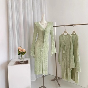 爱你电视剧明星同款绿色v领针织衫上衣中长款防晒外套空调衫V字领