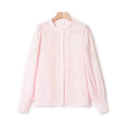 SEZANE款镂空刺绣蕾丝钩花圆领纯棉长袖衬衫时尚气质舒适通勤风