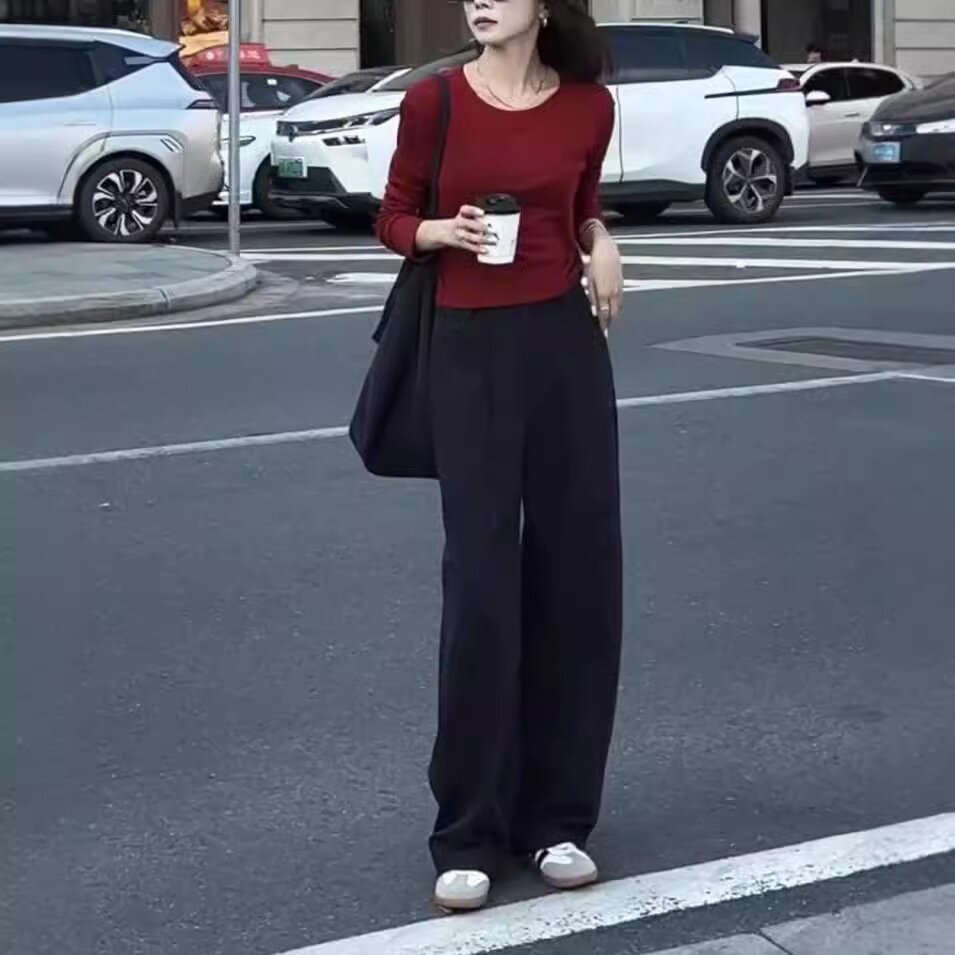 24675大爱美依缘2026秋季新款简约纯色长袖打底衫高腰直筒长裤女