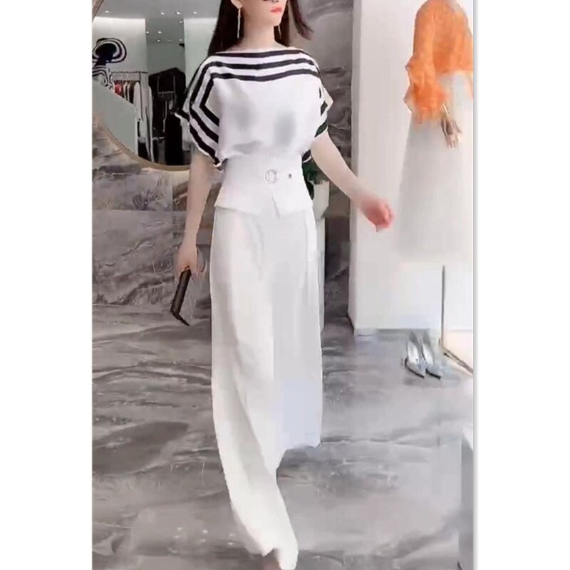 22618大爱美依缘2026夏季新款韩版一字领上衣洋气高腰阔腿裤时尚
