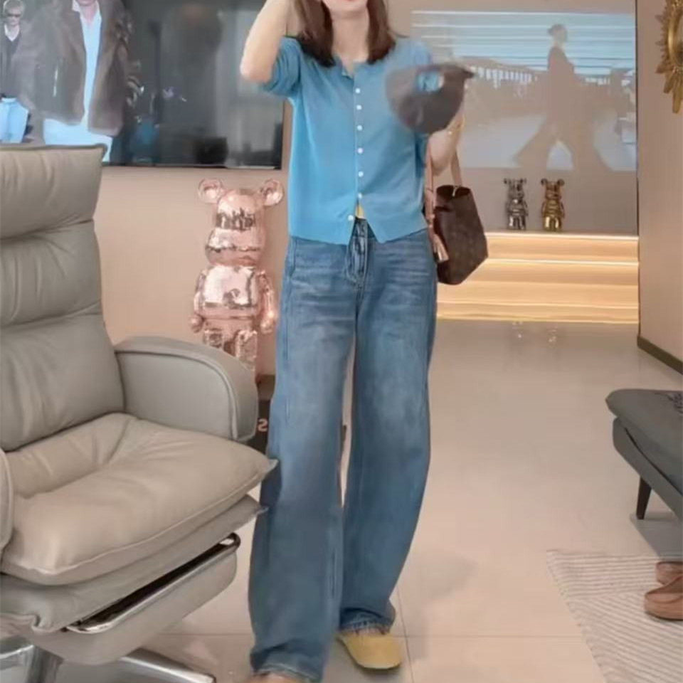 25185大爱美依缘2025新款薄款单排扣长袖开衫阔腿垂感牛仔裤女潮
