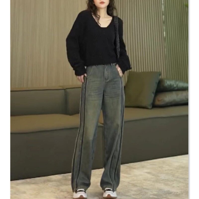 22832大爱美依缘2025秋季新款高腰直筒牛仔裤女怀旧色阔腿裤子潮