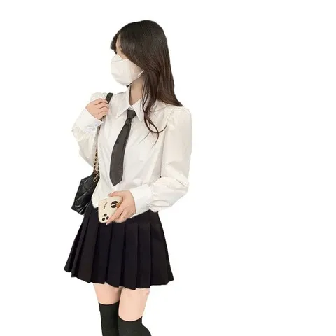辣妹衬衫学院风收腰新款纯春季jk制服女短款泡泡袖套衬衣欲白色