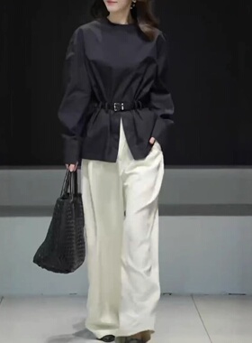 25092大爱美依缘2025春季新款高级感干练宽松长袖上衣阔腿长裤女