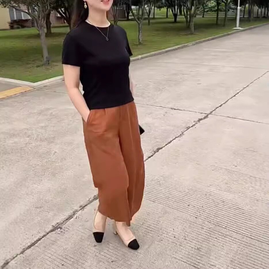 24660大爱美依缘2025夏季新款纯色圆领短袖T恤高腰阔腿裤洋气显瘦